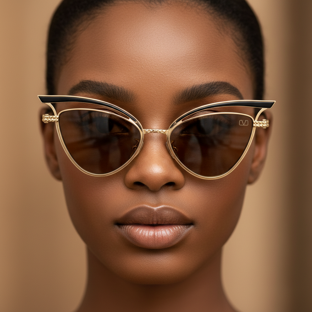 Nigerian female model wearing cat-eye sunglasses slim gold double-wire frame black enamel upper rim solid brown amber lens ornate chain-link bridge