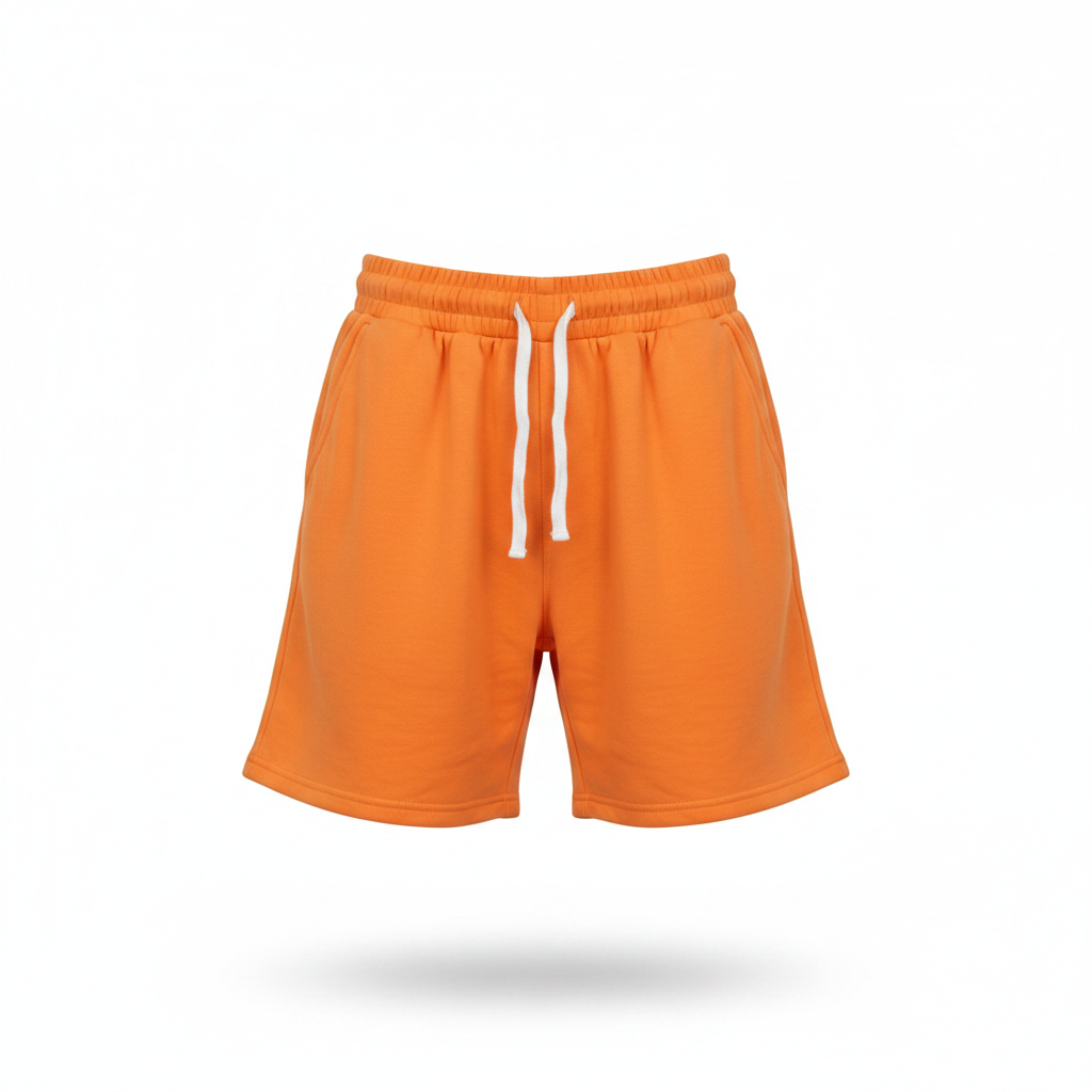 Ghost mannequin front view of orange plain fleece drawstring shorts