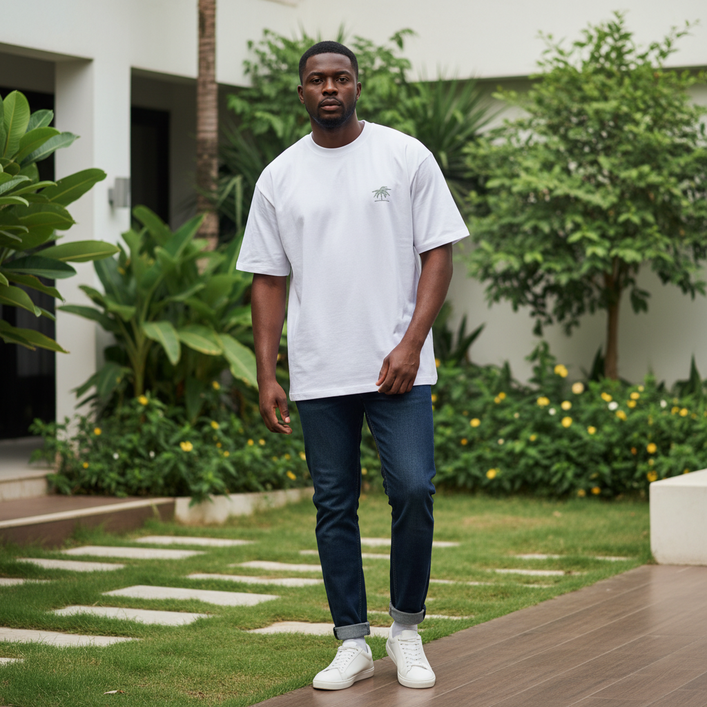 Nigerian male model wearing white oversized palm tree crest tee in casual minimal style