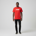 Black Nigerian male model wearing a red LOOK graphic T-shirt