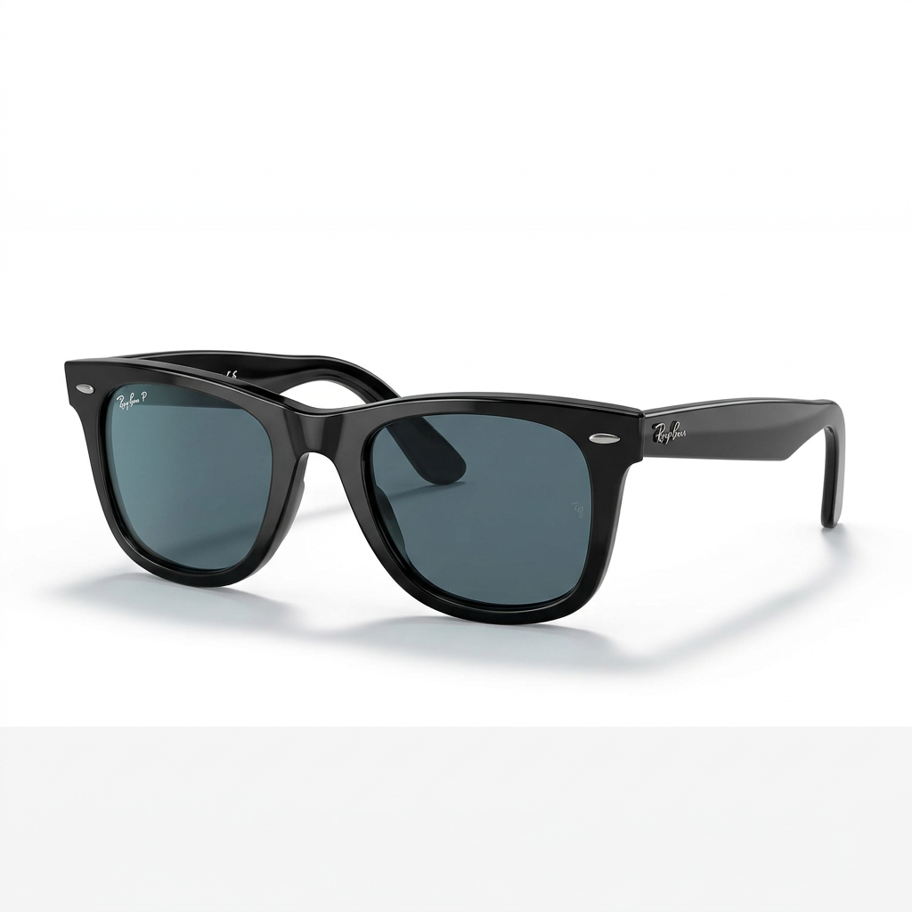 Glossy black square-frame sunglasses with dark lenses on white
