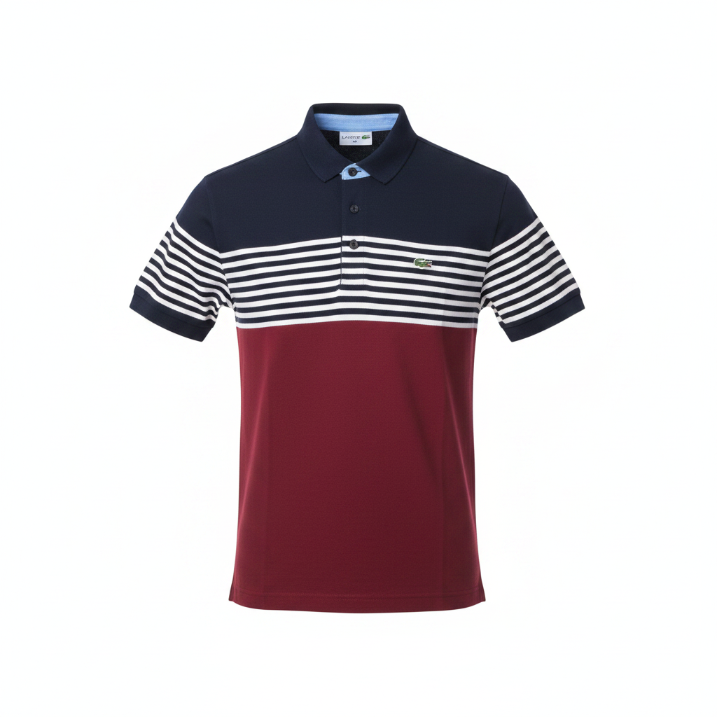 Men's navy and burgundy colour-block striped polo shirt, ghost mannequin front view