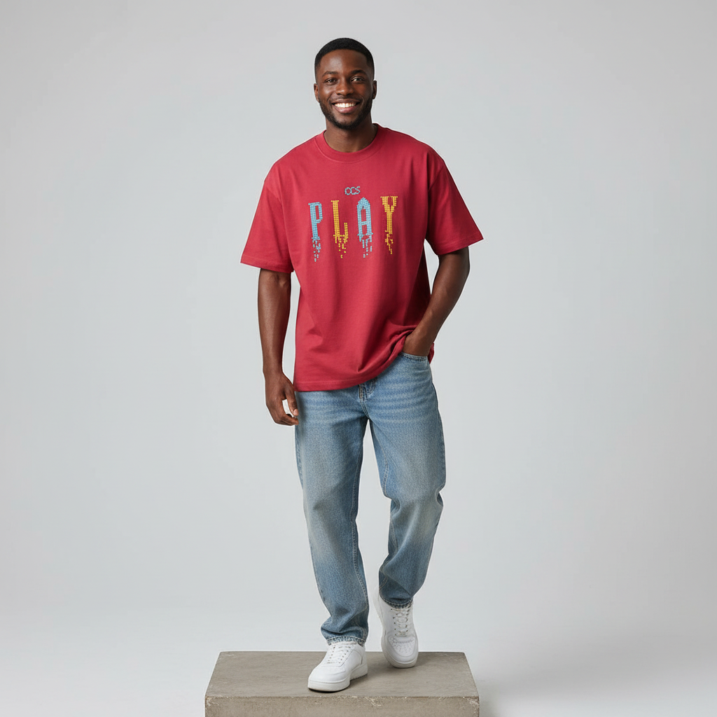 Red OCS Play Pixel Graphic Oversized Tee - Male Model Front