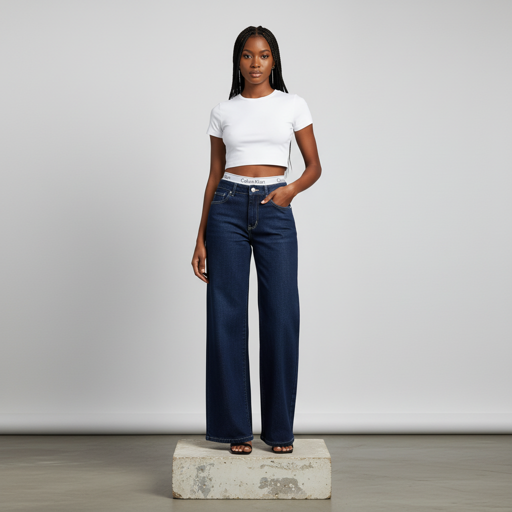 Nigerian female model wearing navy CK wide-leg high-rise jeans