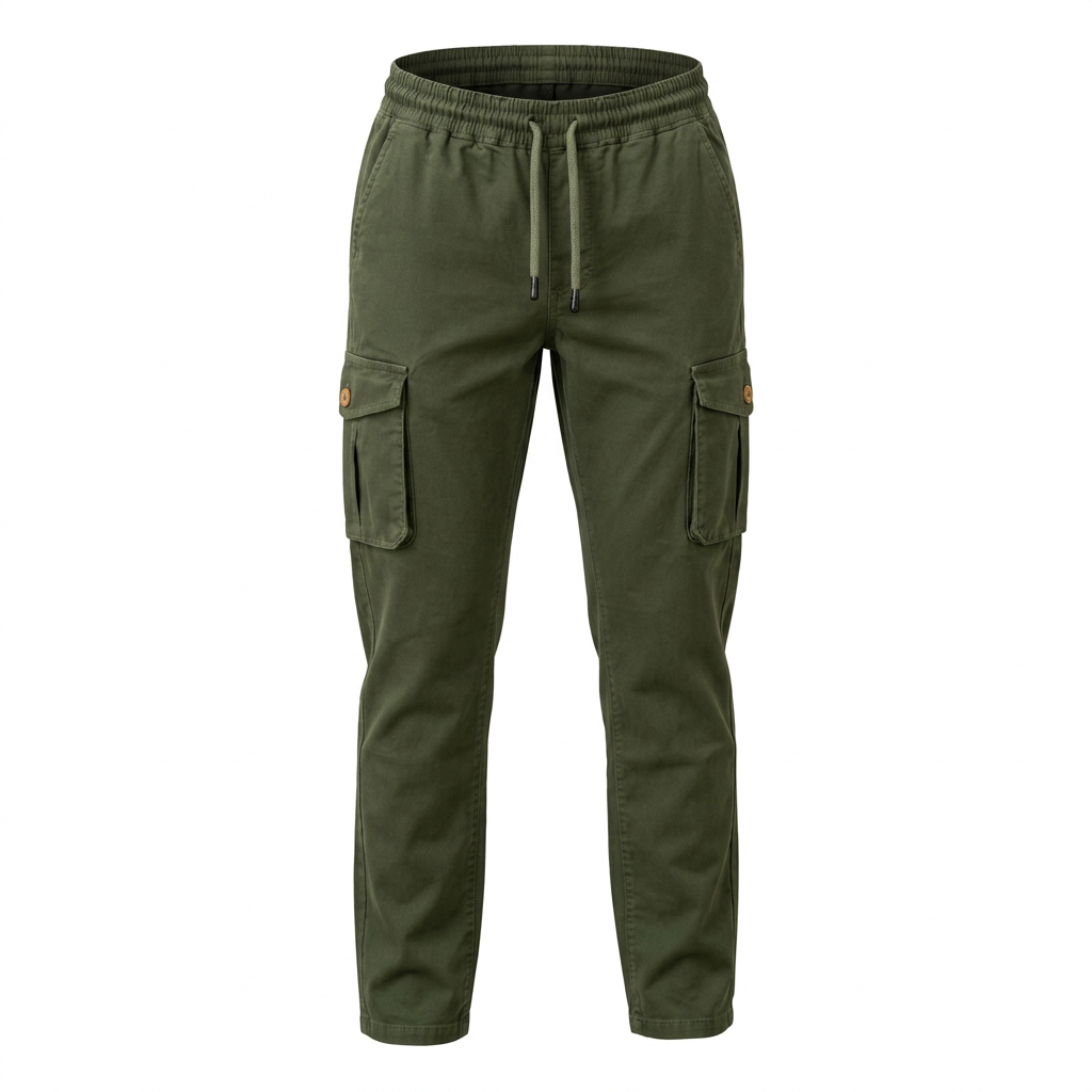Olive drawstring cargo trousers in shaped invisible mannequin view on white