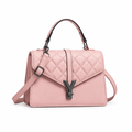 Blush pink quilted top-handle bag with dark clasp and shoulder strap