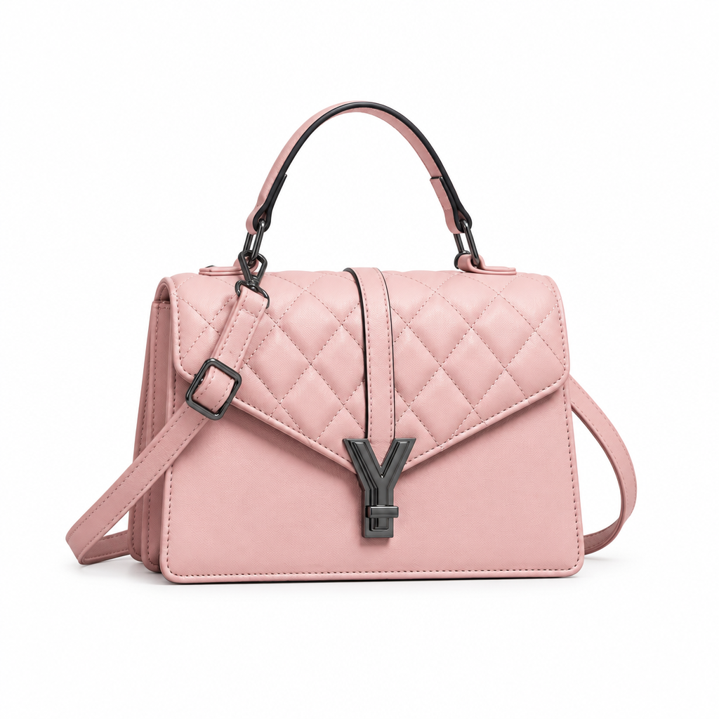 Blush pink quilted top-handle bag with dark clasp and shoulder strap