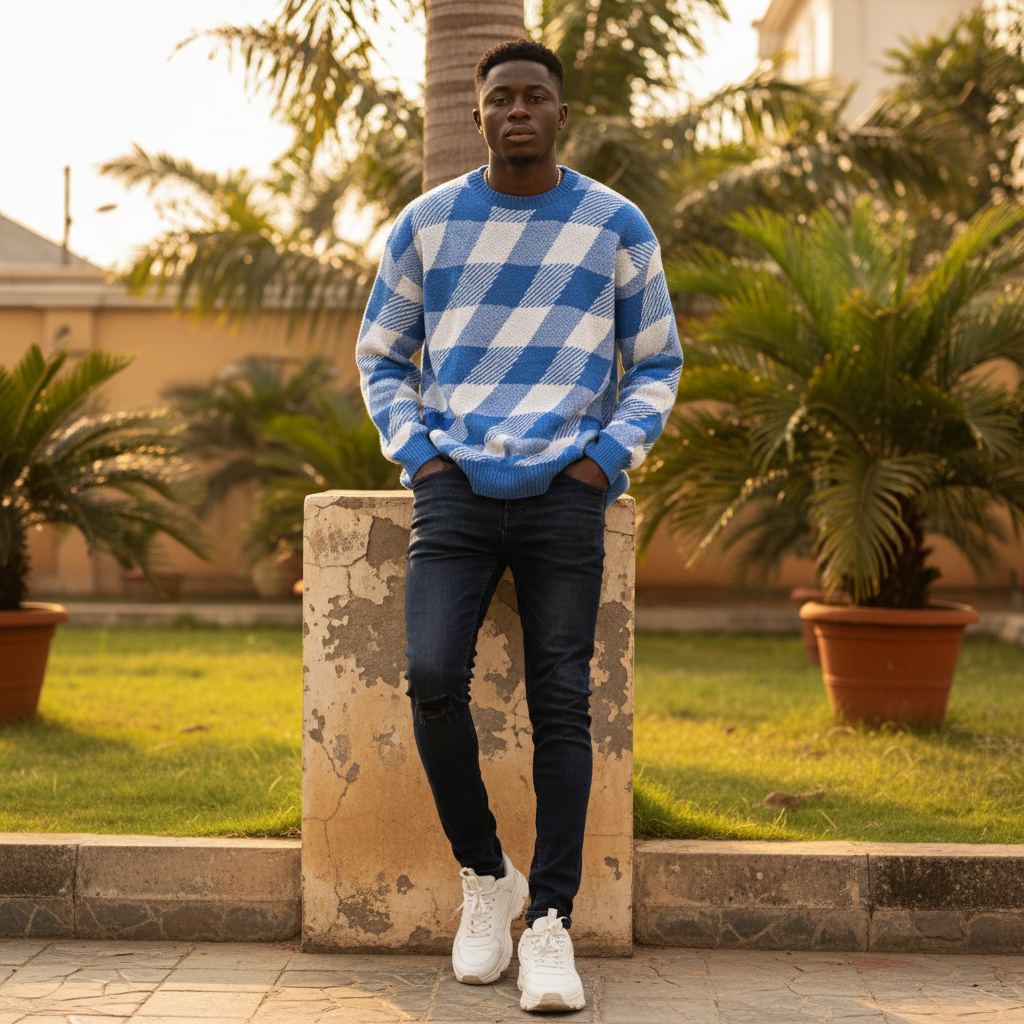Nigerian male model wearing royal blue diamond plaid oversized knit sweater — full body street style