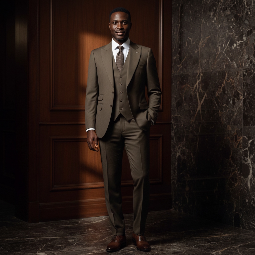 Full body editorial shot of Nigerian male model in The Monarch Olive three-piece suit