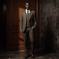 Full body editorial shot of Nigerian male model in The Monarch Olive three-piece suit
