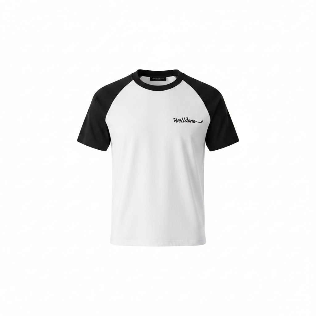 Men's white and black raglan body-hug tee - ghost mannequin front view
