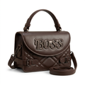 Chocolate-brown quilted top-handle bag, front and partial left-side catalog view
