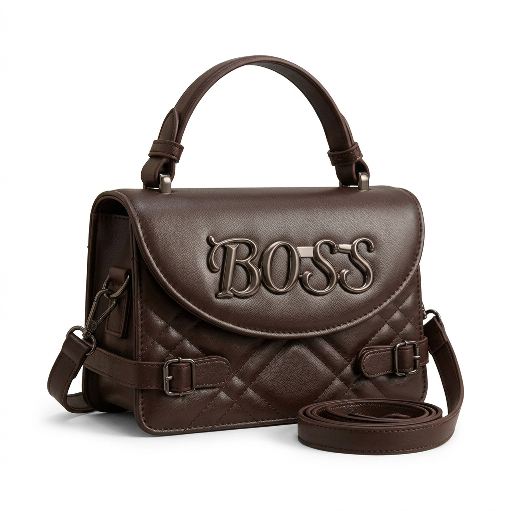 Chocolate-brown quilted top-handle bag, front and partial left-side catalog view
