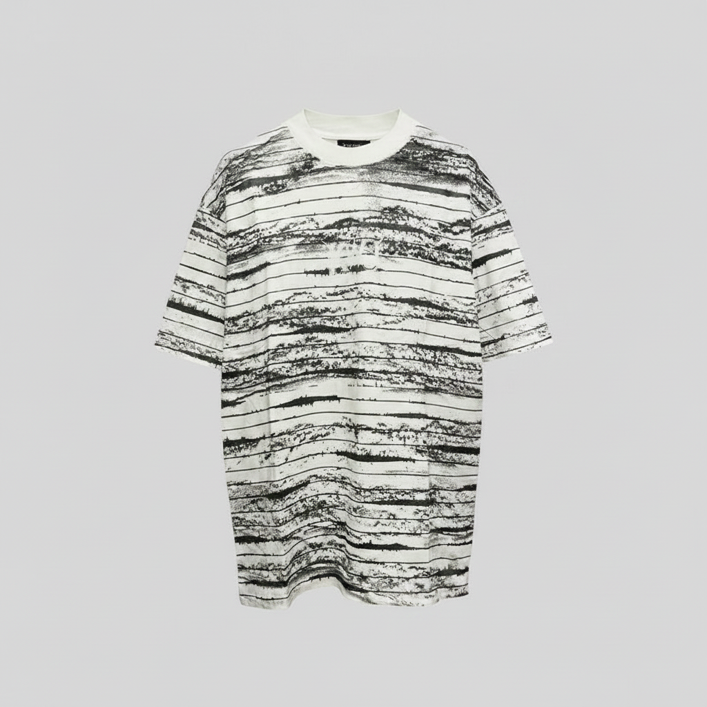 Ghost mannequin view of the black-and-white striped round-neck shirt