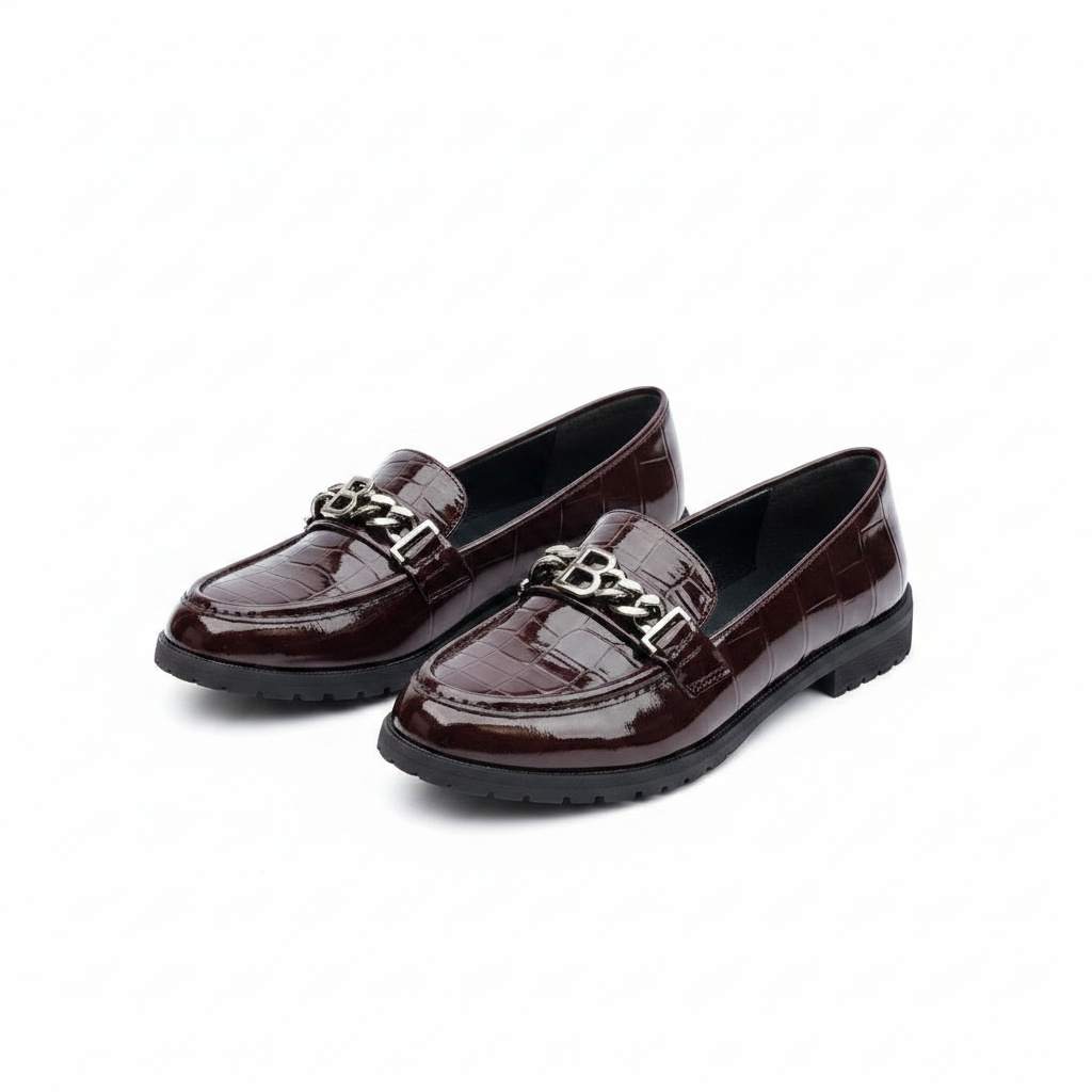 Layinka Store Wine Croc Patent Letter-Chain Loafers – Catalog Shot