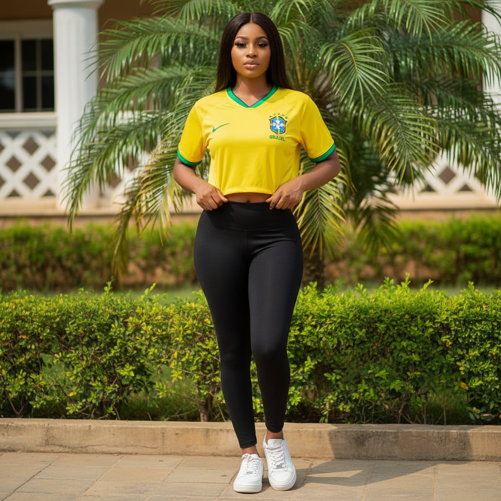Nigerian female model wearing women's yellow cropped football jersey top – lifestyle shot