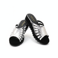Ghost mannequin pair view of silver metallic multi-strap fan cage wedge slide mules