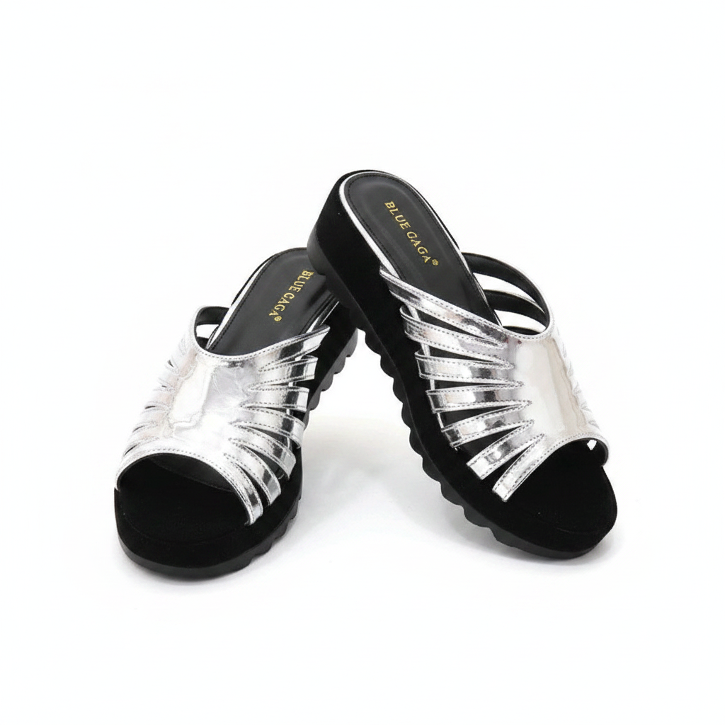 Ghost mannequin pair view of silver metallic multi-strap fan cage wedge slide mules