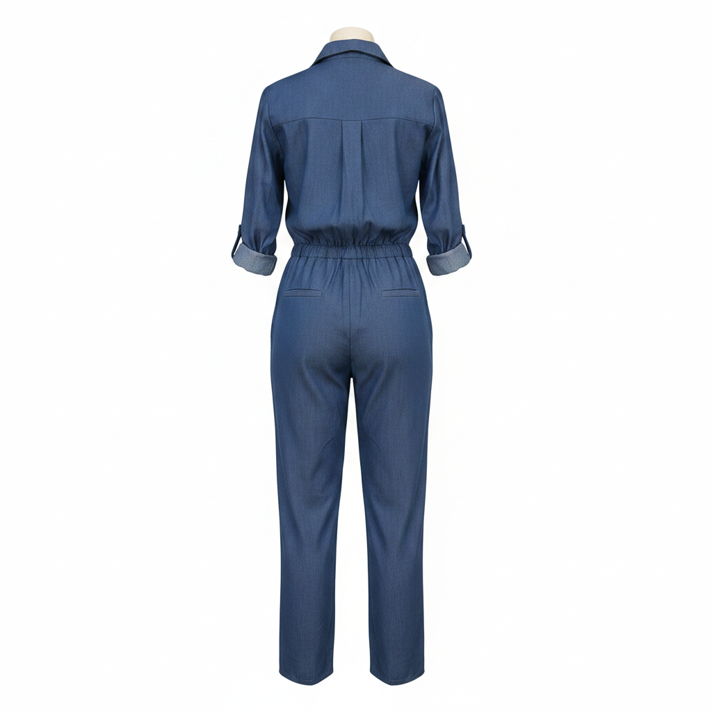 Steel Blue Denim Shirt Jumpsuit - Ghost Mannequin Back