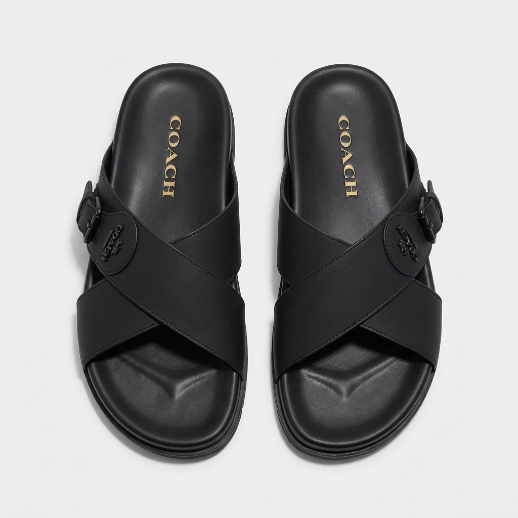 Men's black cross-strap slide slippers with buckle detail, front view