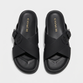 Men's black cross-strap slide slippers with buckle detail, front view
