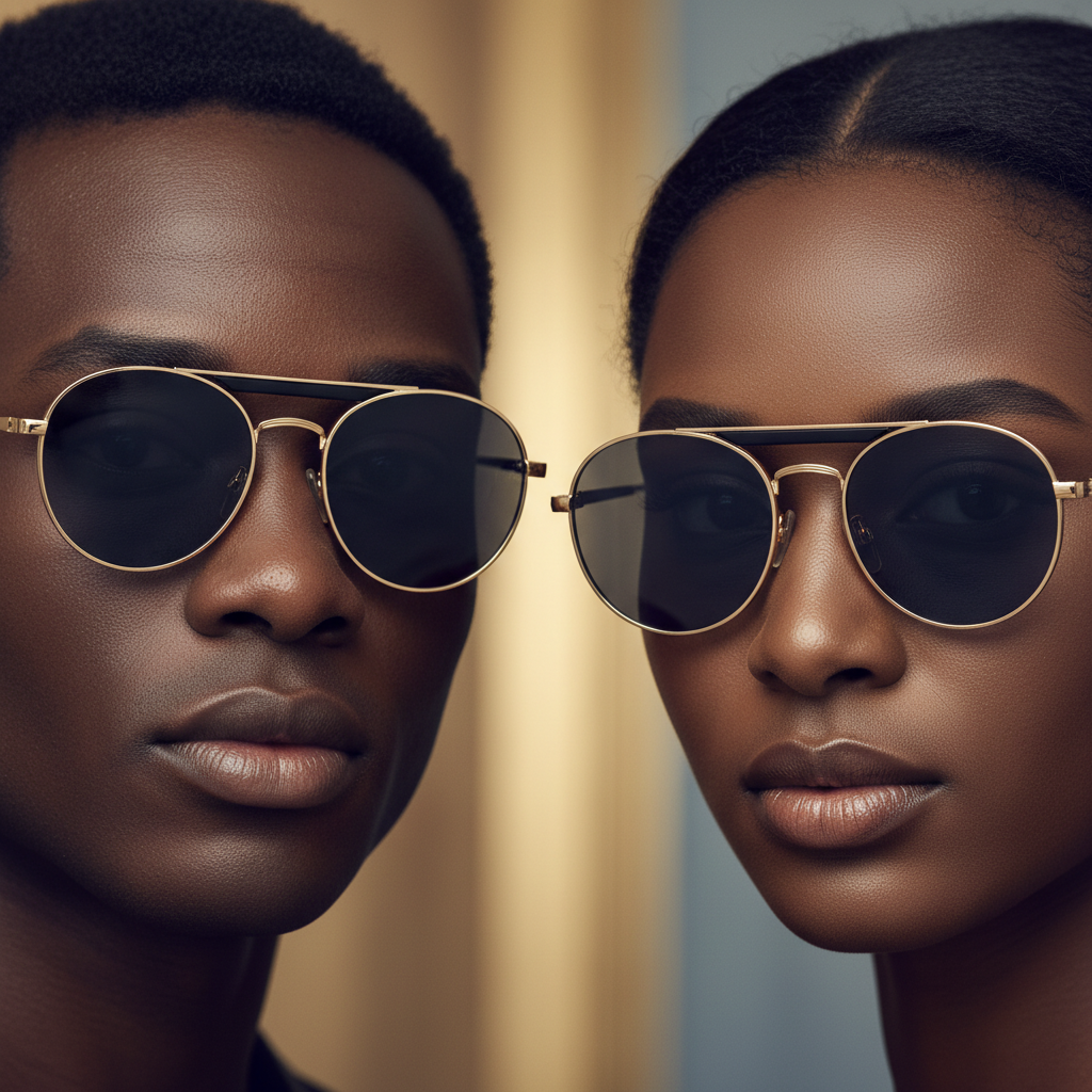 Nigerian male and female models wearing round aviator sunglasses with dark grey blue lens gold frame and black temple