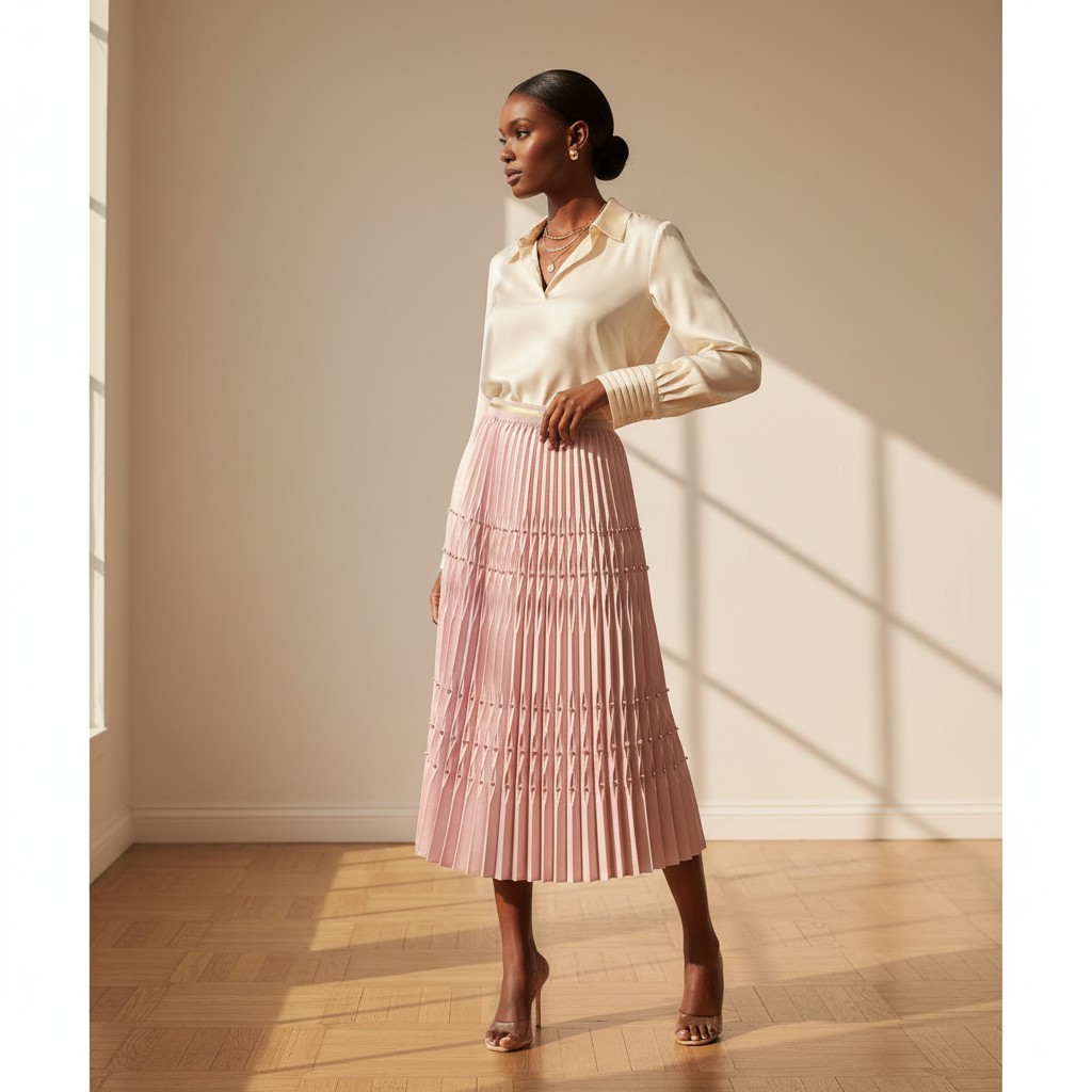 Nigerian model wearing pink pearl embellished pleated skirt