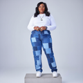 Blue Two-Tone Patchwork Denim Jeans – Front Model