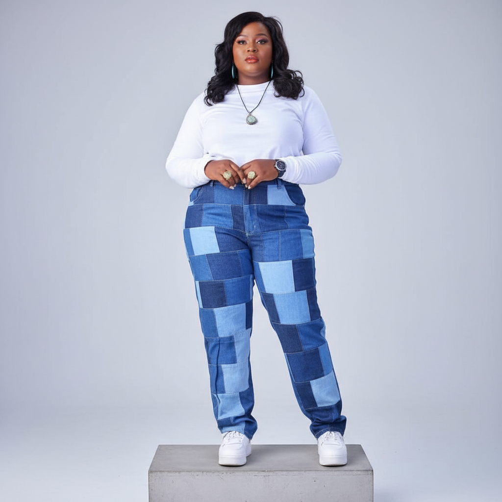 Blue Two-Tone Patchwork Denim Jeans – Front Model