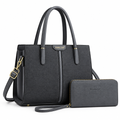 Charcoal-grey textured tote with matching zip wristlet on white background