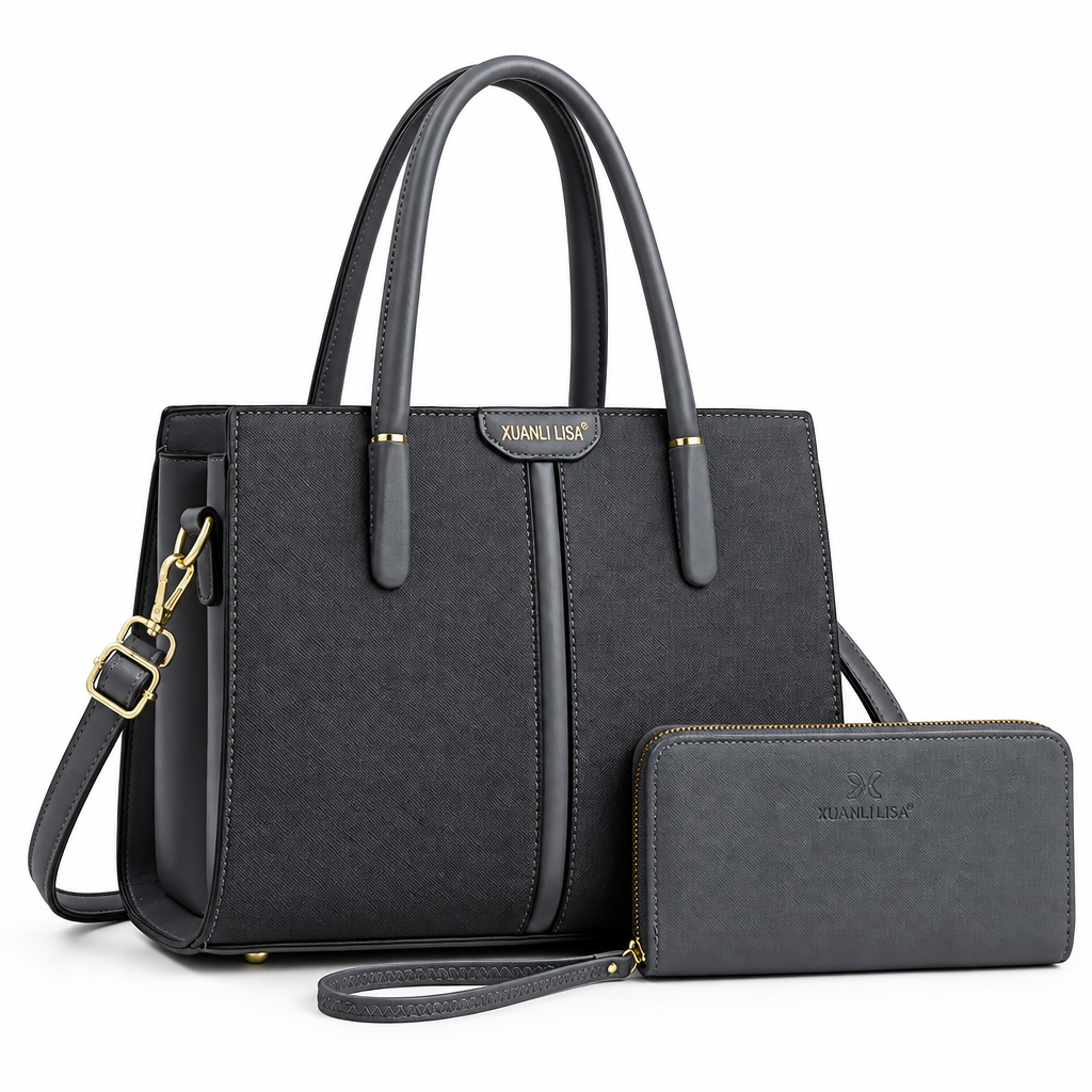 Charcoal-grey textured tote with matching zip wristlet on white background