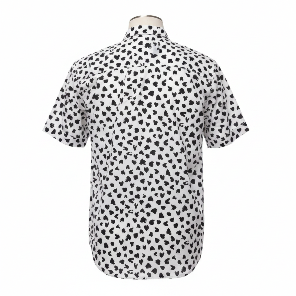 Ghost mannequin back view of white black dalmatian print short-sleeved shirt