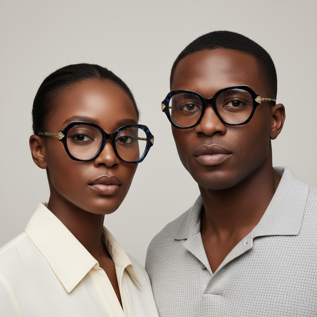 Nigerian female and male models wearing oversized round blue tortoise optical eyeglasses with gold detail