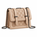Beige checker-panel chain shoulder bag on white background