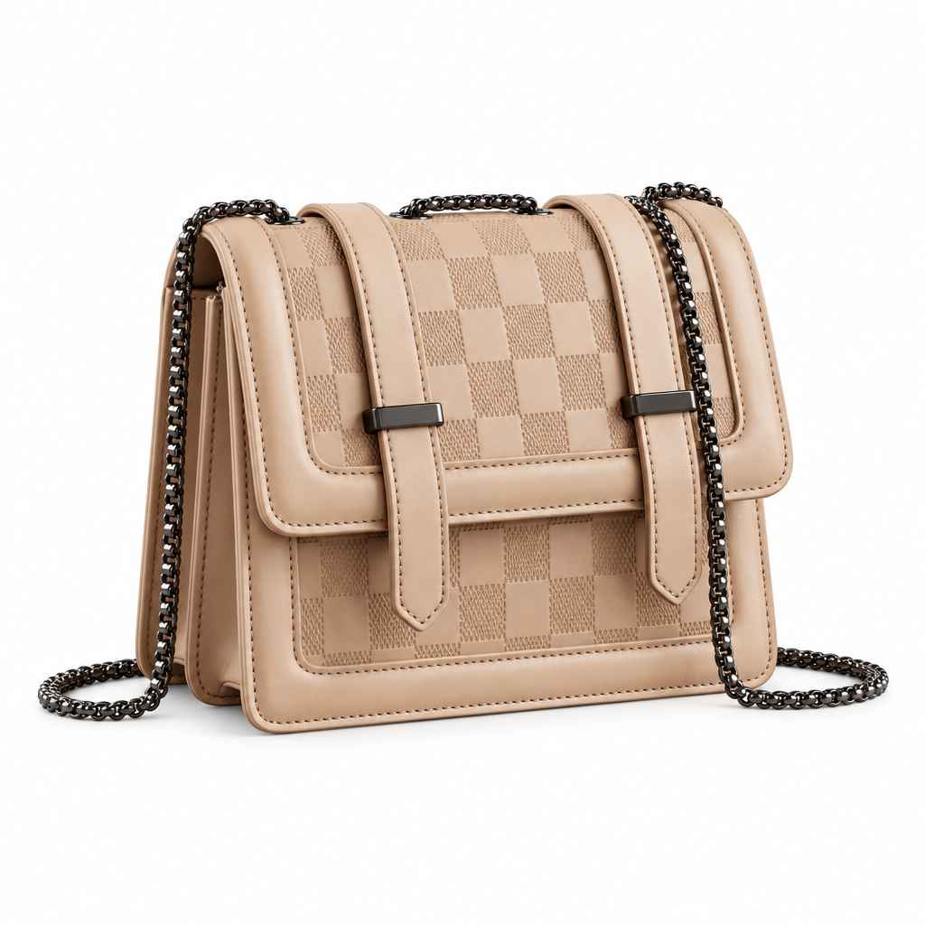 Beige checker-panel chain shoulder bag on white background
