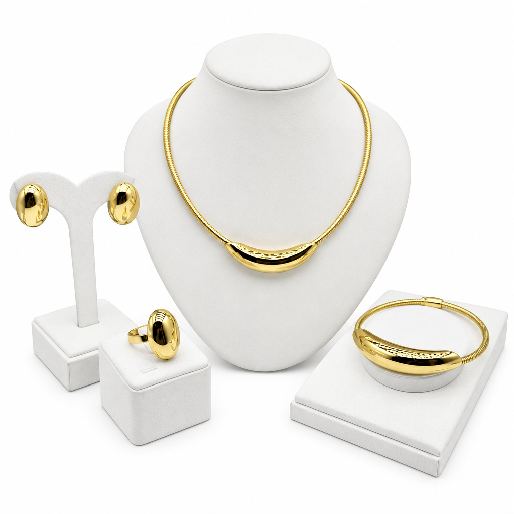 Gold crescent 4-piece jewelry set with necklace, bracelet, stud earrings and ring