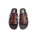 Men's burgundy croc and tan woven leather triple-strap flat slide sandals ghost mannequin pair view