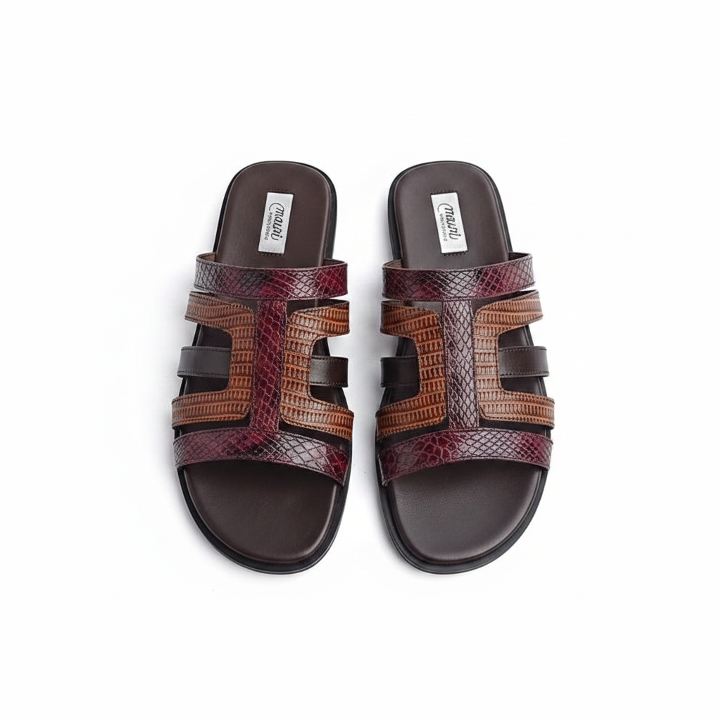 Men's burgundy croc and tan woven leather triple-strap flat slide sandals ghost mannequin pair view
