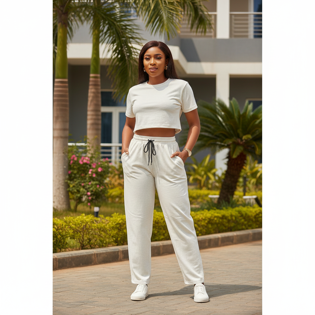 Model shot — Women's Cream Drawstring Joggers