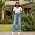 Light Blue Wide-Leg Flare Jeans - Nigerian Female Model Front View