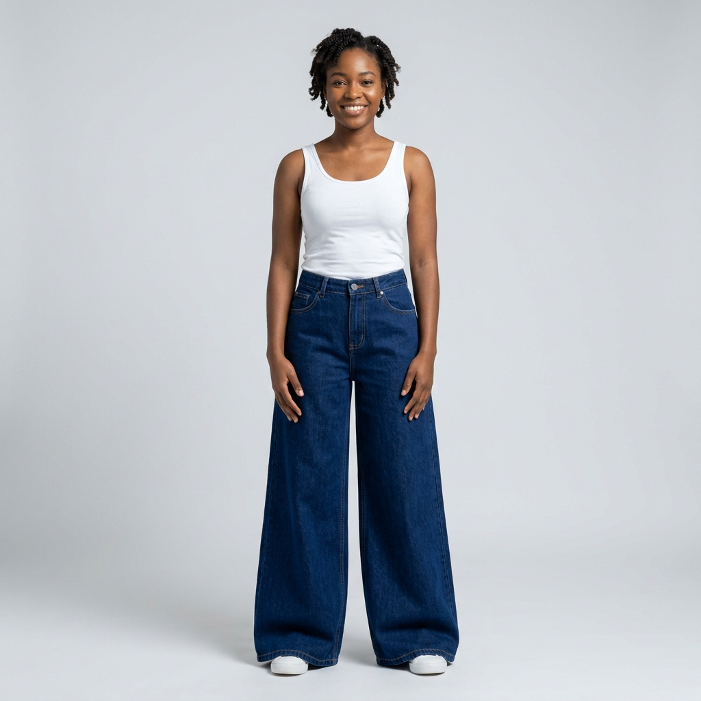 Nigerian Black woman wearing deep blue full-length wide-leg jeans