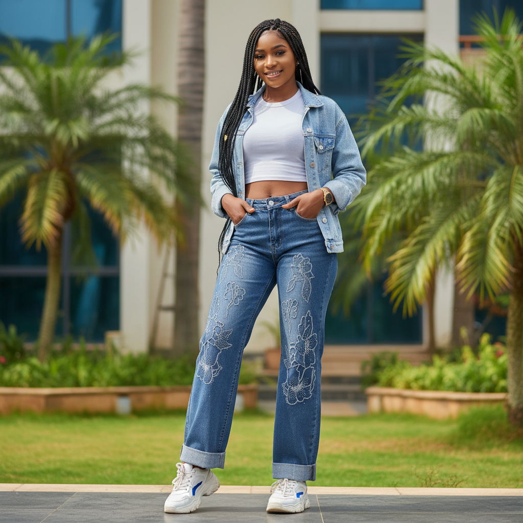 Women's dark blue rhinestone floral wide-leg flare jeans — Nigerian female model lifestyle shot