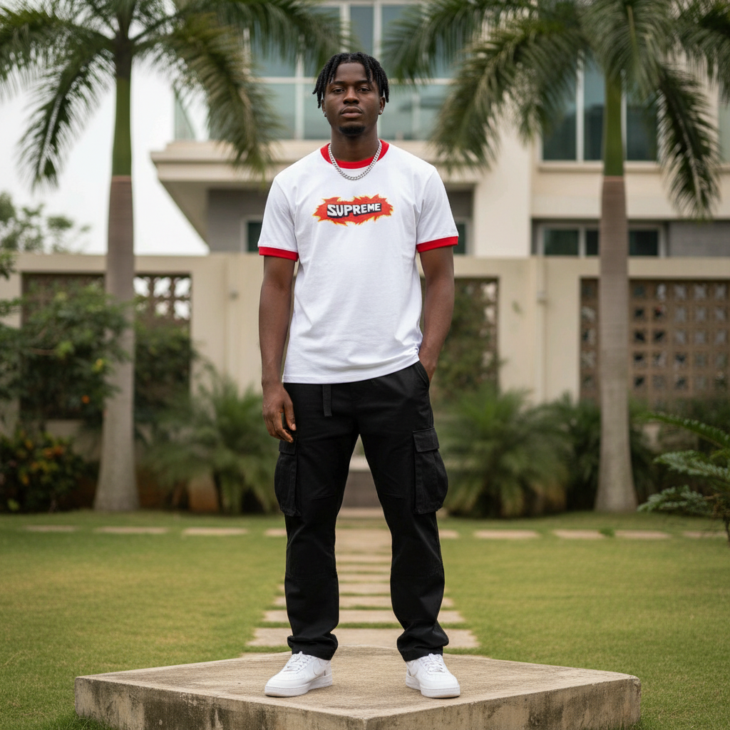 Nigerian male model wearing men's white red contrast ringer flame burst graphic T-shirt streetwear style