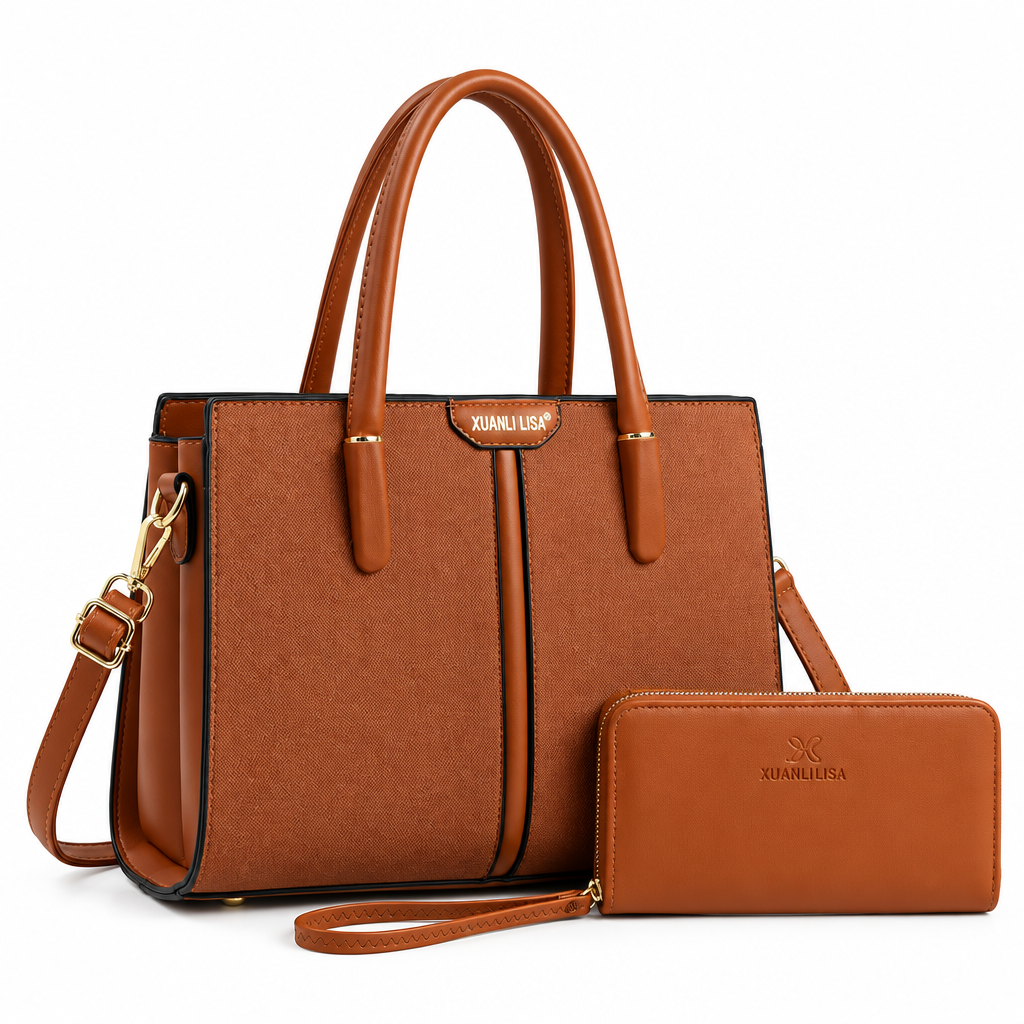 Tan textured tote bag with black piping and matching wristlet wallet