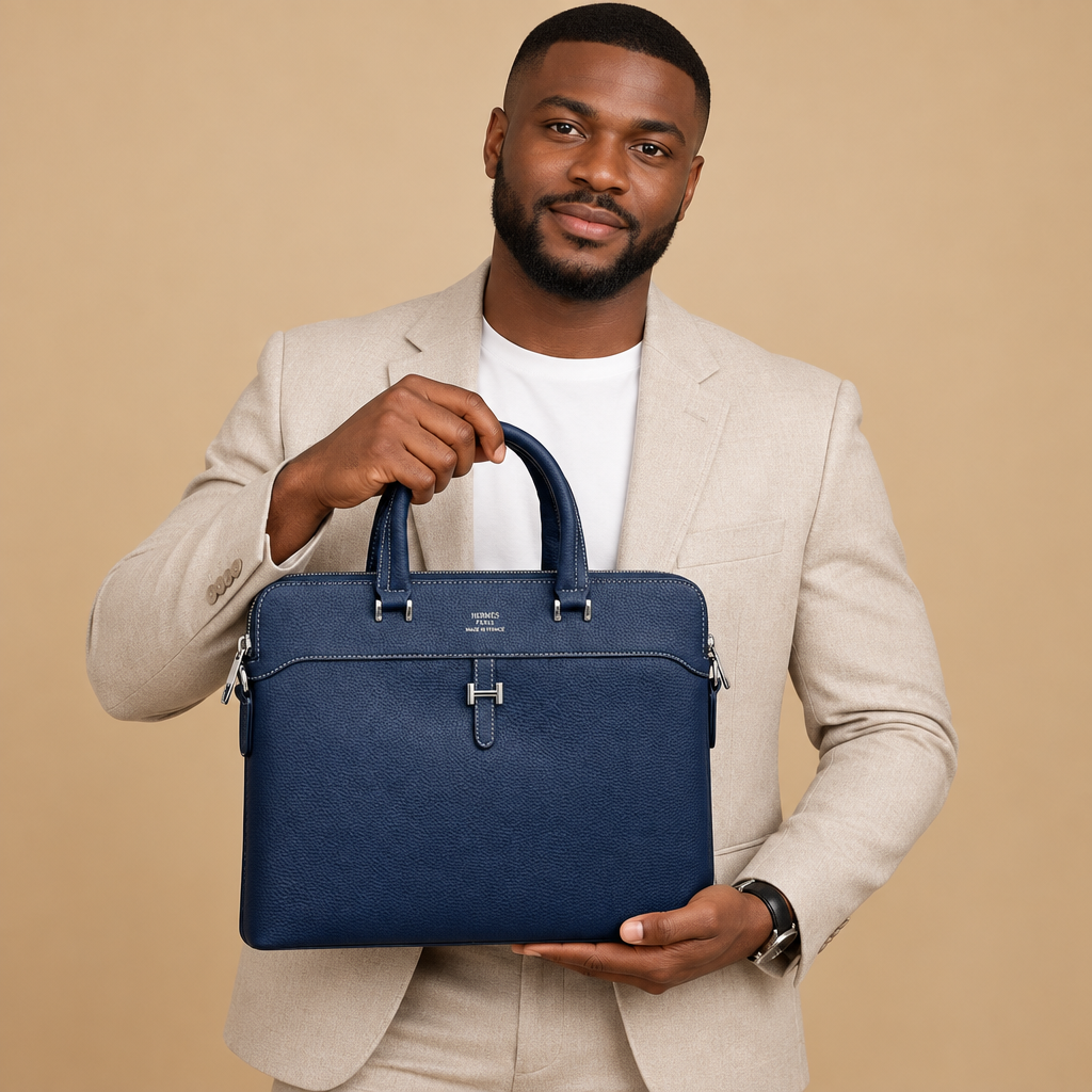 Adult model holding a navy blue textured top-handle bag