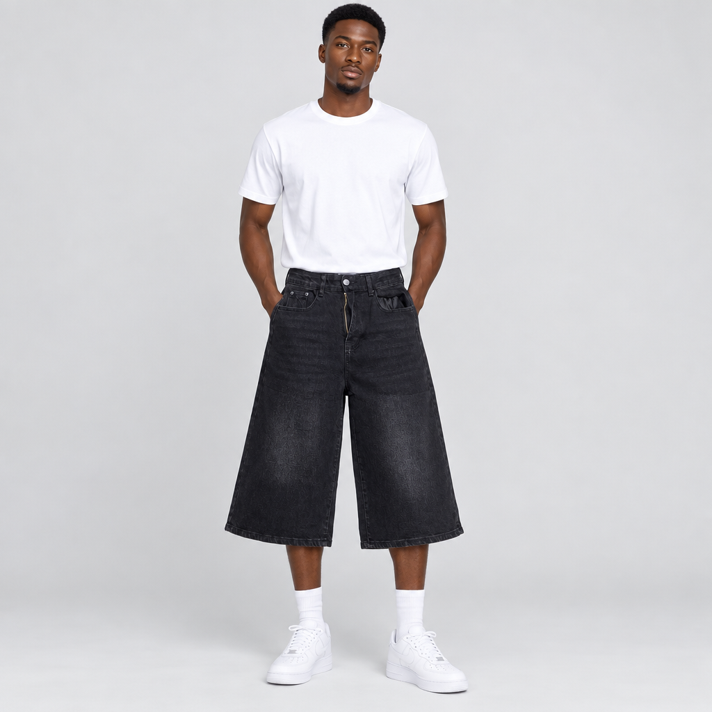 Model wearing black denim long shorts