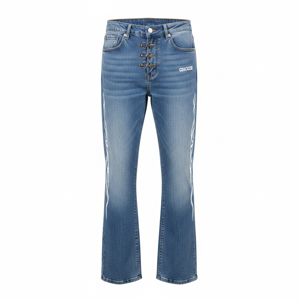 Men's blue washed flared jeans with white tribal flame side print, ghost mannequin front view