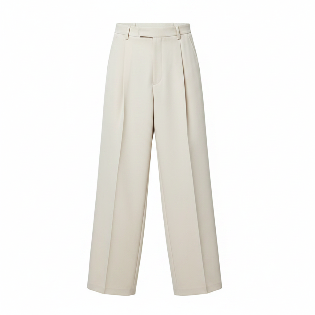 Wide-leg front-pleat trousers in off-white ghost mannequin view