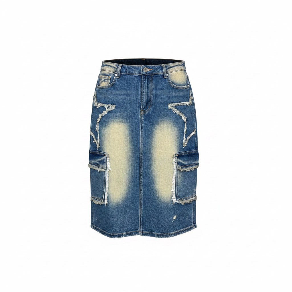 Ghost mannequin view of Women's Distressed Denim Cargo Midi Skirt