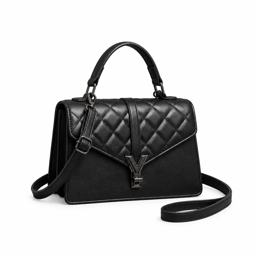 Black quilted top-handle handbag with dark clasp and long strap